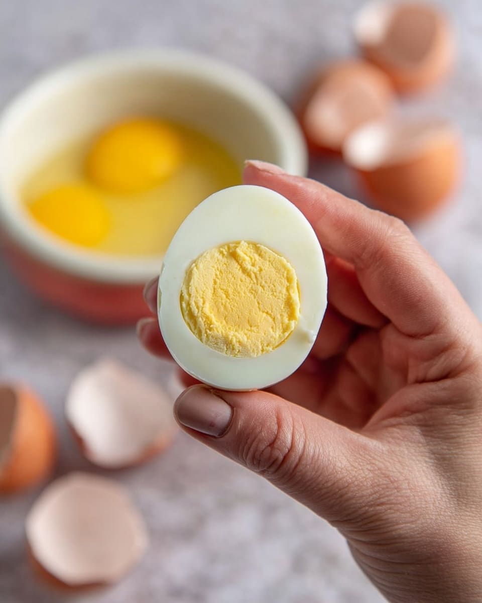 A close-up of a woman's hand holding a half of a hard-boiled egg showing two layers: a smooth white outer layer of egg white and a dense yellow inner layer of egg yolk at the center. In the background, there is a blurred white bowl with a yellow yolk, light brown cracked eggshells, and a white marbled surface underneath. The focus is on the egg held by the woman's hand with visible skin texture and fingernails. Photo taken with an iphone --ar 4:5 --v 7