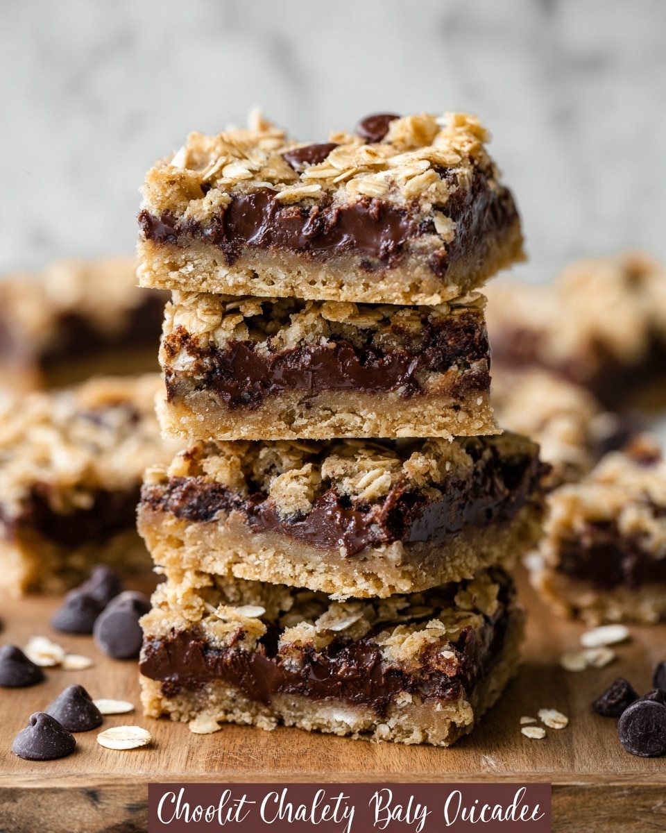 A stack of four chocolate chip oatmeal bars is shown on a wooden board with dark chocolate chips scattered around. Each bar has three visible layers: a light golden brown crumbly base, a thick middle layer filled with dark, melted chocolate chips and oats, and a slightly crumbled top layer sprinkled with oats and more chocolate chips. The bars have a soft, slightly gooey texture with visible oats and chocolate pieces embedded throughout. The background surface is a white marbled texture. photo taken with an iphone --ar 4:5 --v 7