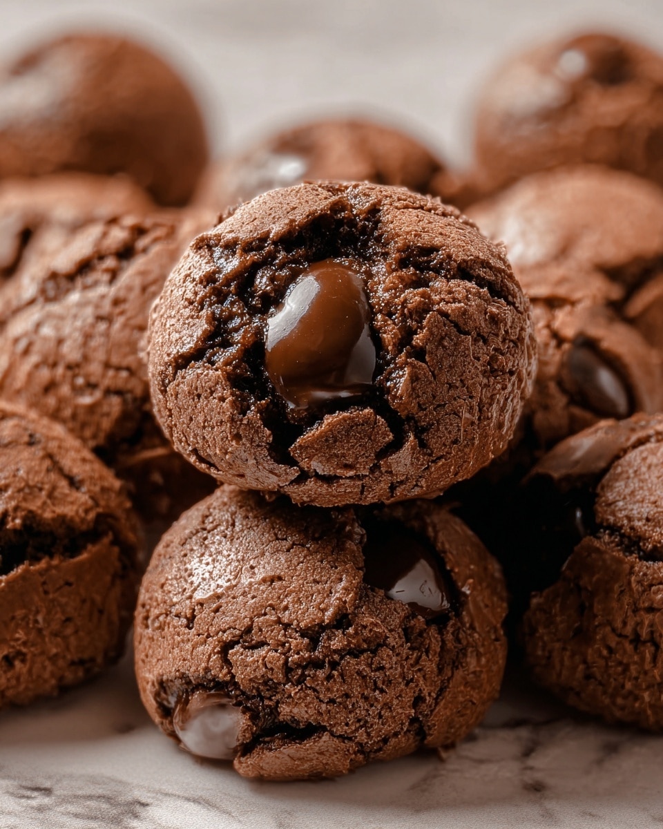 The image shows a close-up of several round chocolate cookie balls stacked together on a white marbled surface. Each cookie ball has a rough, cracked outer texture with a rich dark brown color, and visible glossy melty chocolate chunks embedded in the surface. The focus is on the front cookie ball which shows the shiny chocolate center clearly, while other cookie balls blur softly in the background, giving a warm, fresh-baked feeling. photo taken with an iphone --ar 4:5 --v 7
