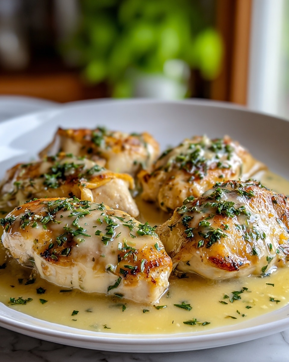 The image shows a white plate with four pieces of golden brown grilled chicken, each topped with fresh green chopped herbs. The chicken has a glossy surface from a light creamy sauce that pools around the bottom of each piece, adding a smooth, pale yellow layer under the chicken. The herbs provide a contrast with their bright green color and small chopped texture, scattered evenly on top of the grilled chicken. The plate rests on a white marbled textured surface, and the background is softly blurred with warm light and greenery. Photo taken with an iphone --ar 4:5 --v 7
