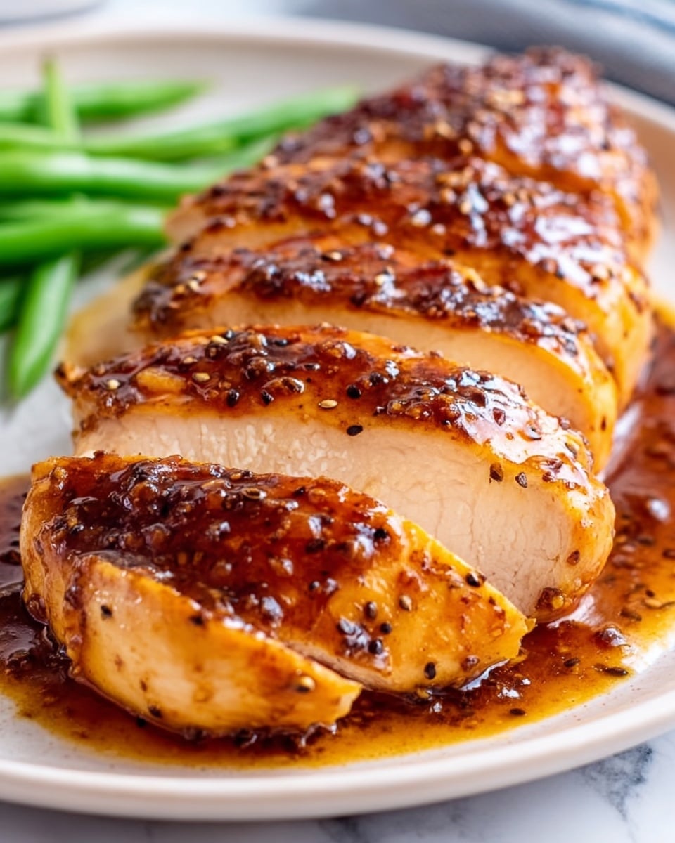 The image shows a sliced cooked chicken breast on a white plate, cut into several thick pieces. The chicken is glazed with a shiny, dark brown sauce that looks sticky and has small black pepper seeds on top. On the left side of the plate, there are a few green beans in the background. The plate is sitting on a white marbled surface. Photo taken with an iphone --ar 4:5 --v 7