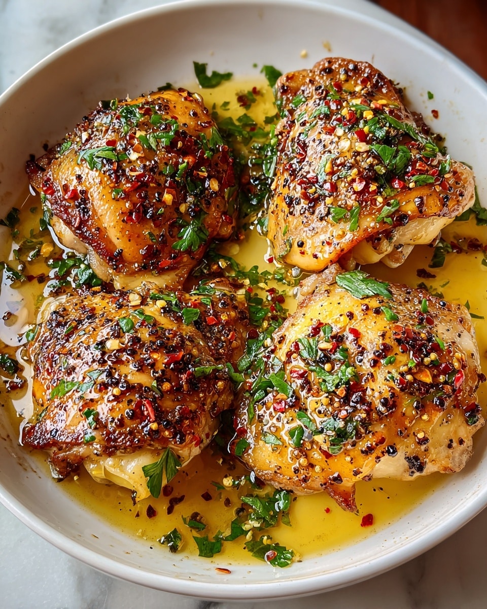 A white bowl holds four golden-brown, cooked chicken thighs with crispy skin. The chicken is sitting in a shallow pool of light yellow sauce with specks of seasoning. Bright green chopped herbs are sprinkled on top and around the chicken, adding color contrast. The skin of the chicken has a slightly charred texture with bits of black pepper and crushed red chili flakes scattered over it, making the pieces look juicy and flavorful. The bowl is placed on a white marbled surface. photo taken with an iphone --ar 4:5 --v 7