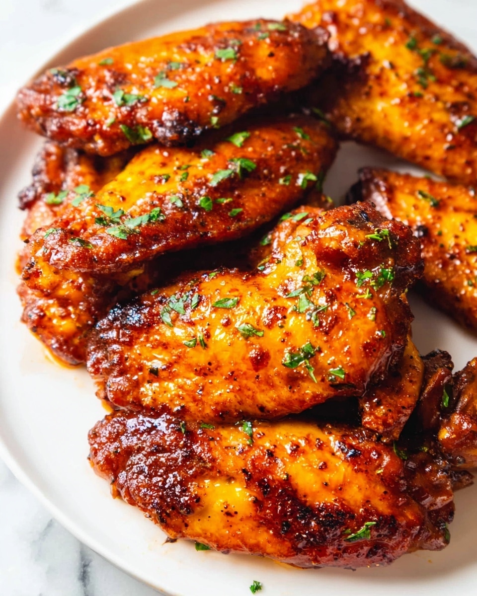The image shows six pieces of glazed chicken wings placed close together on a white plate. Each wing is covered in a shiny, reddish-brown sauce with small black specks that suggest seasoning. The sauce gives the wings a sticky and slightly oily texture. Small green herb pieces are sprinkled evenly over the wings, adding a fresh touch and color contrast. The plate sits on a white marbled surface, with no other objects in view. photo taken with an iphone --ar 4:5 --v 7