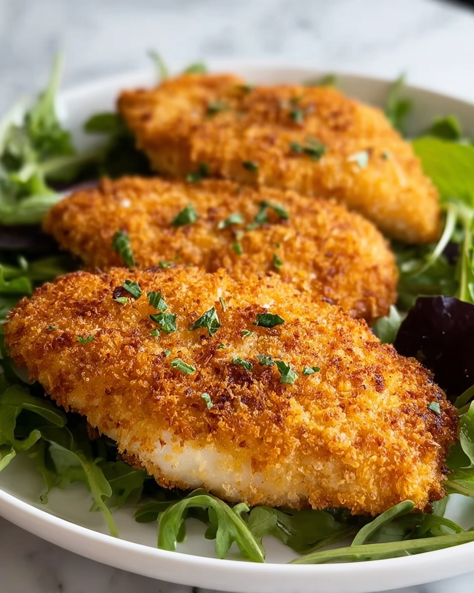 Four pieces of golden brown breaded chicken breasts with a crispy, slightly coarse texture cover the top layer. The crispy coating shows small green herb flakes sprinkled on it. Beneath the crunchy exterior, the white, tender chicken meat is visible from a close cut on one piece. The chicken pieces are arranged close to each other on a smooth dark plate, with fresh green leafy arugula beneath and peeking out around the edges. The background is a white marbled surface. photo taken with an iphone --ar 4:5 --v 7