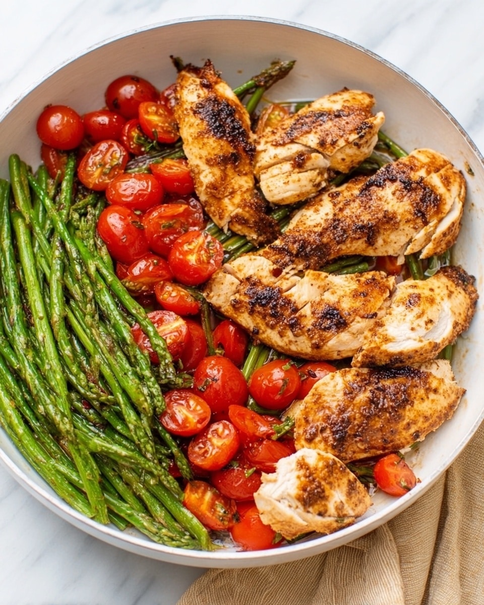 The image shows a white bowl filled with grilled chicken breast slices on the left side, golden brown and slightly charred with visible grill marks. On the right side of the bowl, there are bright green cooked green beans and halved cherry tomatoes in vibrant red, sprinkled with small bits of seasoning or herbs. The ingredients are cleanly separated in the bowl, creating a clear contrast between the colors and textures. The bowl is placed on a white marbled surface, and a beige cloth is partly visible in the lower right corner. photo taken with an iphone --ar 4:5 --v 7