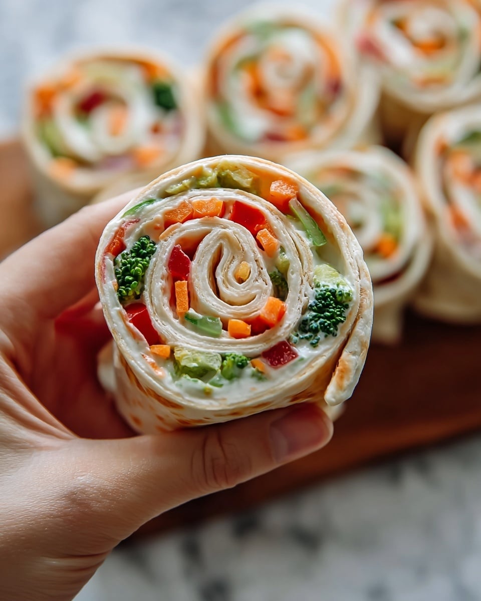 A woman's hand holds a single slice of a rolled wrap, showing multiple thin layers of light beige tortilla tightly wound. Inside, there are layers of creamy white spread, bright orange carrot sticks, small green broccoli florets, and red bell pepper strips, all arranged in a spiral pattern. The wrap looks soft but firm, with the vegetables adding a fresh, crunchy texture and vivid colors that contrast with the tortilla and cream. Several more wrapped slices are softly blurred in the background on a wooden surface atop a white marbled texture. photo taken with an iphone --ar 4:5 --v 7