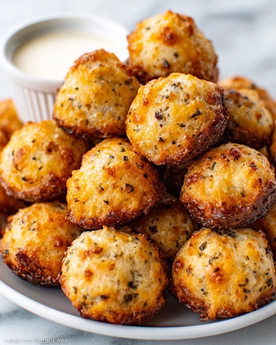 A pile of small, round cheese puffs with a golden-brown crust on top, some showing a slightly darker, deeper brown at the edges. The puffs have a rough, uneven texture with small bits of cheese and herbs visible on the surface. They are stacked closely together in a white bowl, with a smooth, creamy white dipping sauce in a white ramekin placed next to them. The background features a white marbled texture, adding a clean and bright feel to the image. Photo taken with an iphone --ar 4:5 --v 7