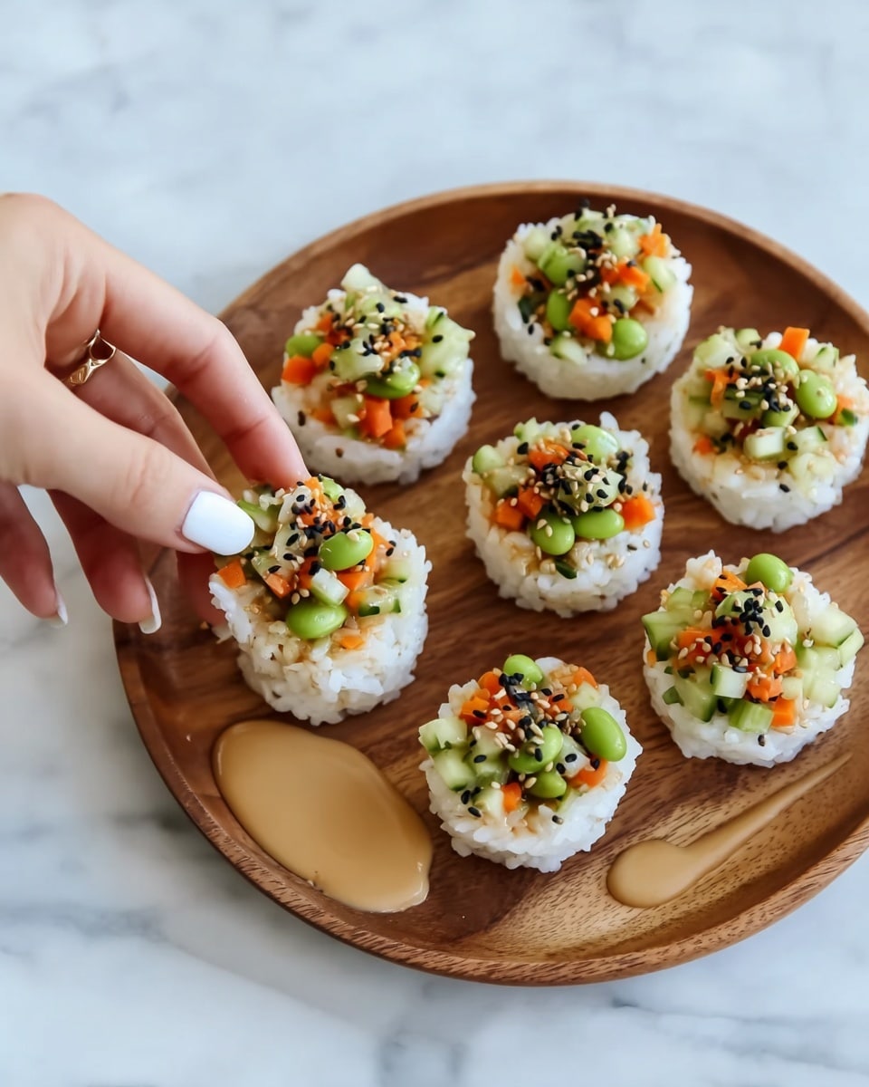 A round wooden plate holds seven small sushi cups arranged loosely, each made of a white rice base shaped into a cup. Inside each rice cup is a colorful mix of green edamame, diced orange carrots, and small bits of light green cucumber, topped with a sprinkling of black sesame seeds. A smooth, light brown sauce is drizzled around the cups on the plate. A woman's hand with light skin and white nail polish is picking up one of the sushi cups. The scene is set on a white marbled surface. photo taken with an iphone --ar 4:5 --v 7