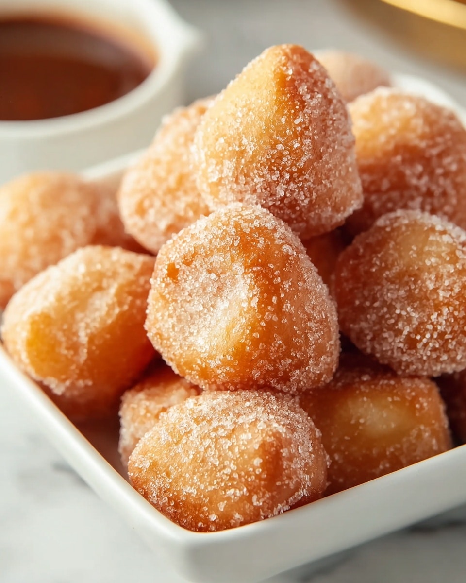 A close-up view of a white square bowl filled with small, golden-brown fried dough pieces covered in fine white sugar crystals. Each piece has a rough, grainy texture from the sugar coating and varies slightly in shape but is mostly rounded and soft-looking. The dough pieces are layered closely together, filling the bowl in a casual mound. In the blurred background, there is a hint of a small round dish with a dark brown sauce. The whole scene is set on a white marbled surface. photo taken with an iphone --ar 4:5 --v 7