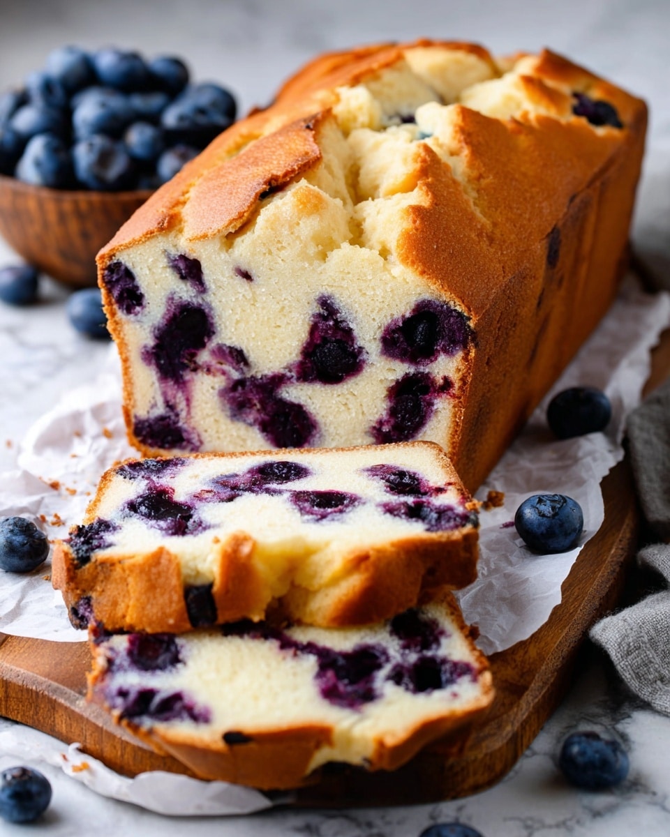 The image shows a loaf of blueberry cake on a wooden board with white paper underneath. The cake is light golden brown on the outside with a soft, pale yellow inside. It is cut into slices, revealing multiple layers filled with dark purple blueberries spread evenly throughout. The blueberries are juicy and create bright spots of deep purple and black contrast inside the light cake. The top crust is cracked and textured with a warm golden color, giving a fresh baked look. Around the cake, there are whole blueberries scattered on the white marbled surface. photo taken with an iphone --ar 4:5 --v 7
