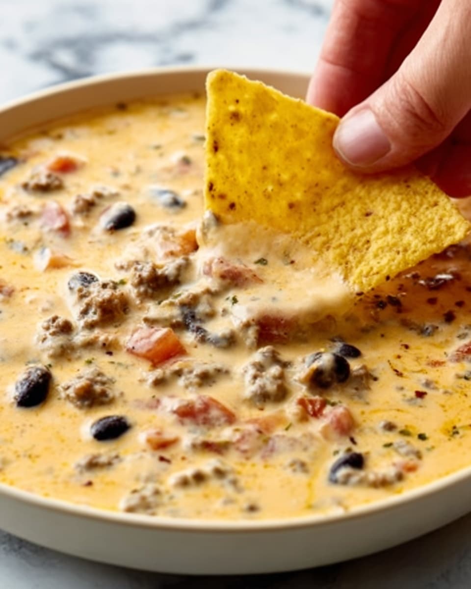 A white plate holds a creamy, light yellow cheese dip with chunks of ground meat, black beans, and small pieces of tomato mixed evenly throughout. A yellow triangular tortilla chip is being dipped into the cheesy sauce by a woman's hand from the top right corner of the image. The texture of the dip is smooth and thick with visible specks of seasoning. The background features a white marbled texture. Photo taken with an iphone --ar 4:5 --v 7
