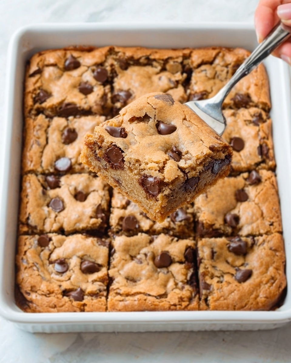 The image shows a square white dish filled with a freshly baked chocolate chip cookie cake, cut into nine square pieces. One piece is being lifted by a fork held by a woman's hand, showing a thick, soft texture with golden-brown edges and melted chocolate chips scattered throughout. The cookie cake has a slightly uneven, bubbly surface with a warm, inviting color. The background is a white marbled texture. photo taken with an iphone --ar 4:5 --v 7