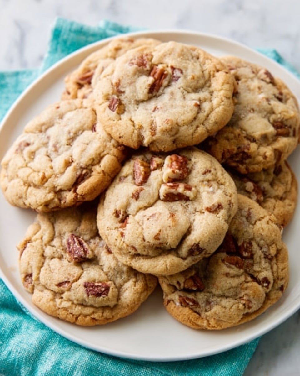 A white plate filled with six thick, chewy cookies stacked in an uneven pile, each cookie showing a golden-brown color with chunks of pecans embedded throughout. The cookies have a soft, slightly cracked surface with a rustic, homemade look. The plate rests on a white marbled surface with a turquoise cloth partially visible beneath it. Photo taken with an iphone --ar 4:5 --v 7