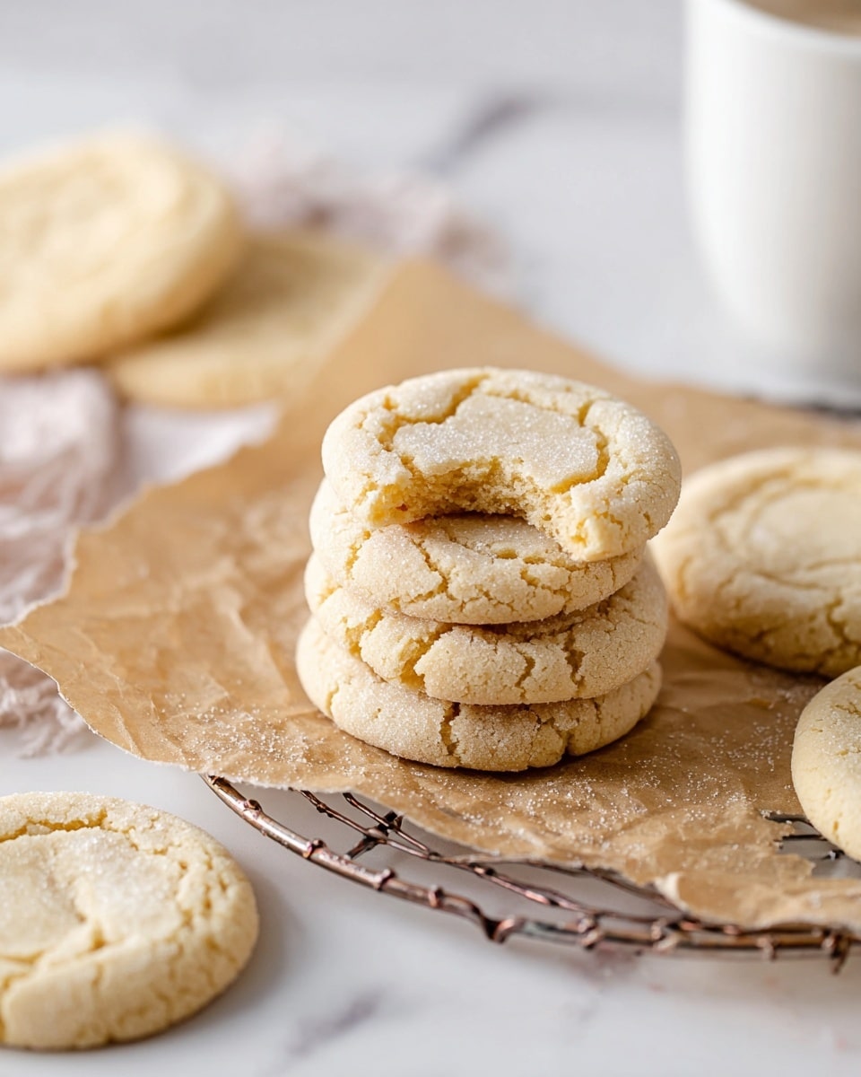 The image shows a group of round sugar cookies with a cracked surface, each cookie light golden-brown in color with a coarse sugar coating on top. There are five cookies placed on a silver metal cooling rack over a piece of brown parchment paper, arranged in a slightly overlapping way, and one cookie has a neat bite taken out of it, revealing its soft inside. In the background, two more cookies are slightly out of focus next to a white cup. The whole scene is set on a white marbled surface. photo taken with an iphone --ar 4:5 --v 7