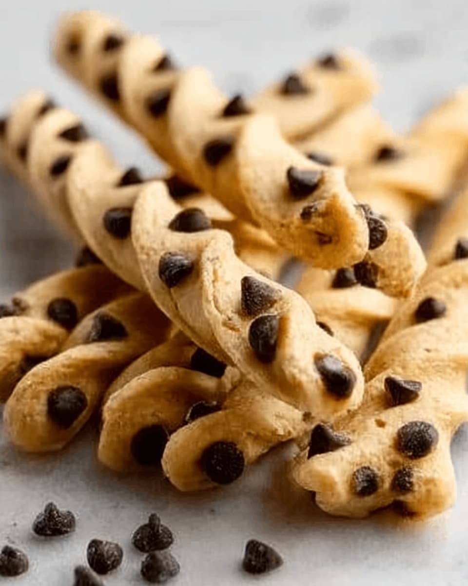 The image shows a close-up of several twisted cookie dough sticks covered with small dark chocolate chips. Each stick is light brown with a soft, slightly crumbly texture and is twisted into a spiral shape, with chocolate chips spread evenly on top and some scattered around on the white marbled surface. The background is clean and bright, making the warm color of the dough stand out clearly. Photo taken with an iphone --ar 4:5 --v 7