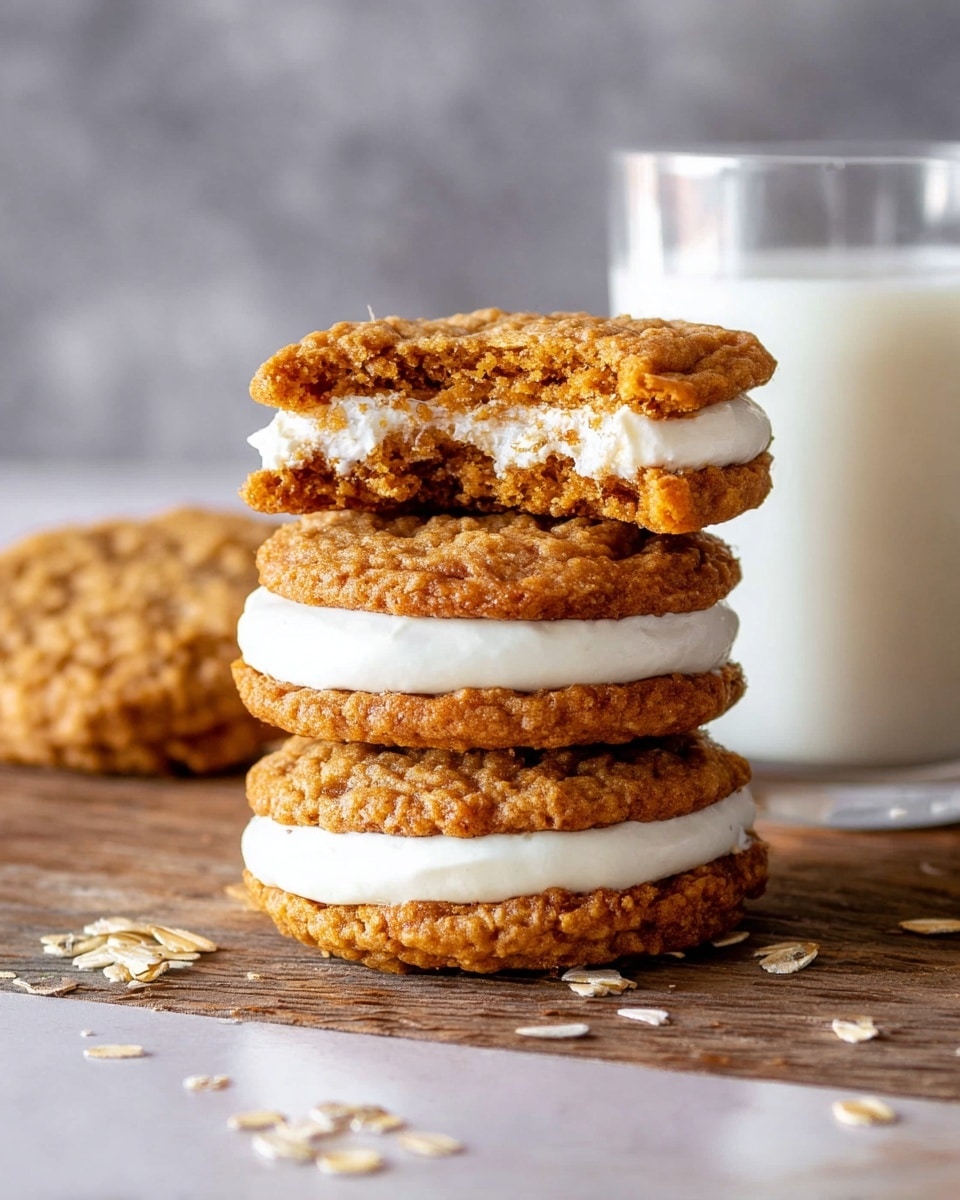 A stack of three oatmeal cream pies sits on a rustic wooden surface, each sandwich made of two golden-brown, textured oatmeal cookies with a thick, smooth white cream filling in the middle. The top pie has a bite taken out, revealing the soft cream and the slightly crumbly cookie inside. The bottom two pies are fully intact. Wisps of oatmeal flakes are scattered near the pile. Behind the cookies is a clear glass of white milk, placed on a white marbled texture, with a soft blurred background. photo taken with an iphone --ar 4:5 --v 7