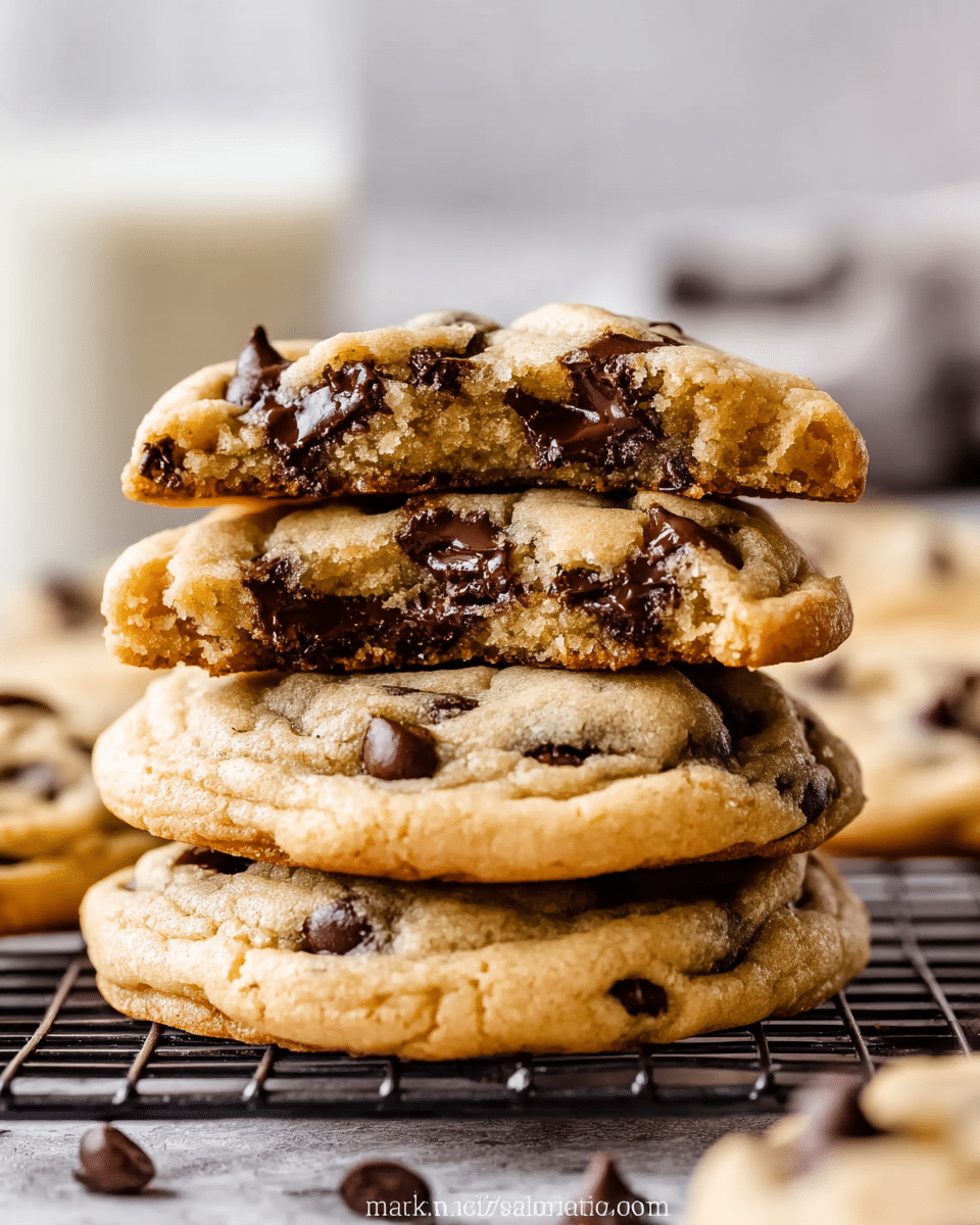 A stack of four thick, soft chocolate chip cookies sits on a wire rack placed on a white marbled surface; the top cookie is broken in half, showing a chewy golden brown interior dotted with dark, melted chocolate chips, while the remaining three cookies underneath are round and slightly puffy with visible chocolate chips on the light golden outer layer, giving a soft and moist texture look, with a blurred glass of milk in the background. photo taken with an iphone --ar 4:5 --v 7