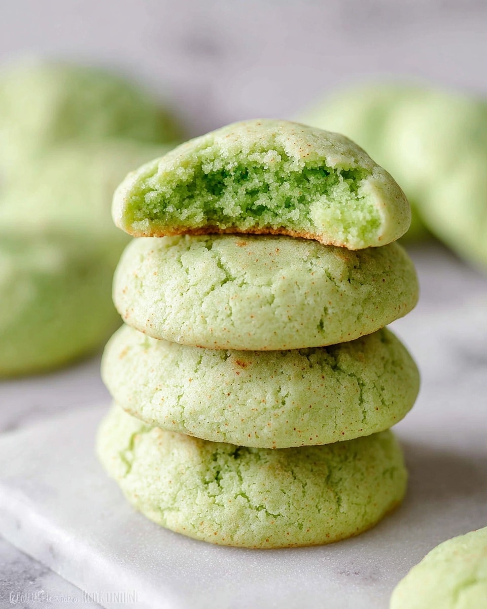 A stack of four soft-looking green cookies is shown on a white marbled surface with more cookies blurred in the background. The top cookie has a bite taken out, revealing a crumbly, slightly moist inside with a light green color matching the smooth outer layer. The cookies are round and gently cracked on top, with a few small brown specks scattered throughout. Photo taken with an iphone --ar 4:5 --v 7