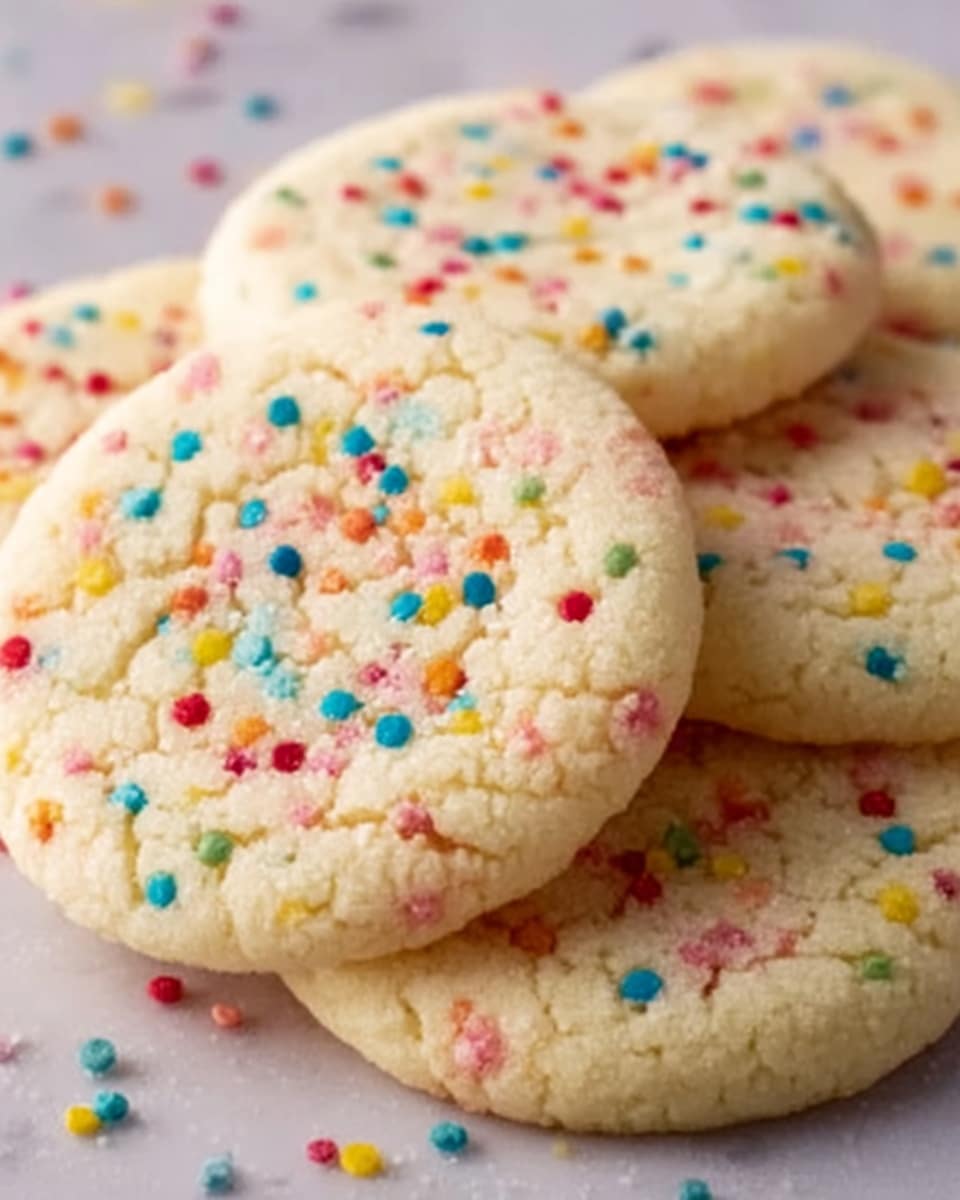 A close-up of a stack of soft, round sugar cookies placed on a white marbled surface. Each cookie is pale golden with a slightly cracked top, sprinkled with multicolored tiny round sprinkles in red, blue, yellow, green, and pink, spread evenly across the surface. The cookies overlap slightly, showing their thickness and soft texture. Around the cookies, a few sprinkles are scattered lightly on the white marbled background. Photo taken with an iphone --ar 4:5 --v 7