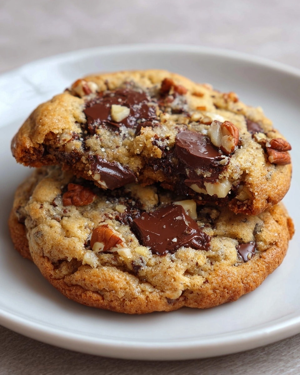 Two thick, golden-brown cookies with a slightly crispy edge and soft center sit on a white plate with a white marbled texture background. The top cookie is broken in half, showing gooey, melted dark brown chocolate chunks and bits of chopped nuts inside. The cookie surface is rough with visible pieces of chocolate and pecans scattered across, adding texture with both smooth, glossy chocolate and crunchy nut bits. The lighting highlights the crumbly texture and rich colors of the chocolate and nuts. Photo taken with an iphone --ar 4:5 --v 7