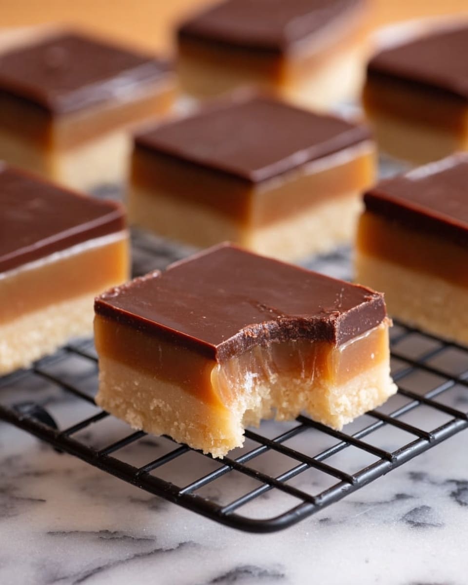 The image shows several square dessert bars arranged on a black cooling rack over a white marbled surface. Each bar has three clear layers: a pale beige bottom layer that looks soft and crumbly, a light brown middle layer with a smooth caramel texture, and a glossy dark brown top layer of chocolate that is thick and even. The bar in the center has a bite taken out of one side, revealing the creamy middle and bottom layers in detail. The bars have clean sharp edges and a uniform size. photo taken with an iphone --ar 4:5 --v 7