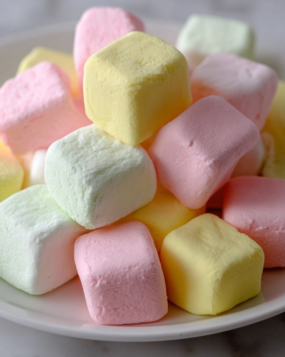 The image shows a close-up of several small, soft, cube-shaped candies stacked together on a white plate. The candies come in three pastel colors: pink, yellow, and light green, each with a smooth and slightly matte texture. The cubes are arranged in multiple layers, with some resting on top of others, creating a cozy pile. The soft edges and gentle color tones make the candies look light and fluffy. The background has a white marbled texture. photo taken with an iphone --ar 4:5 --v 7