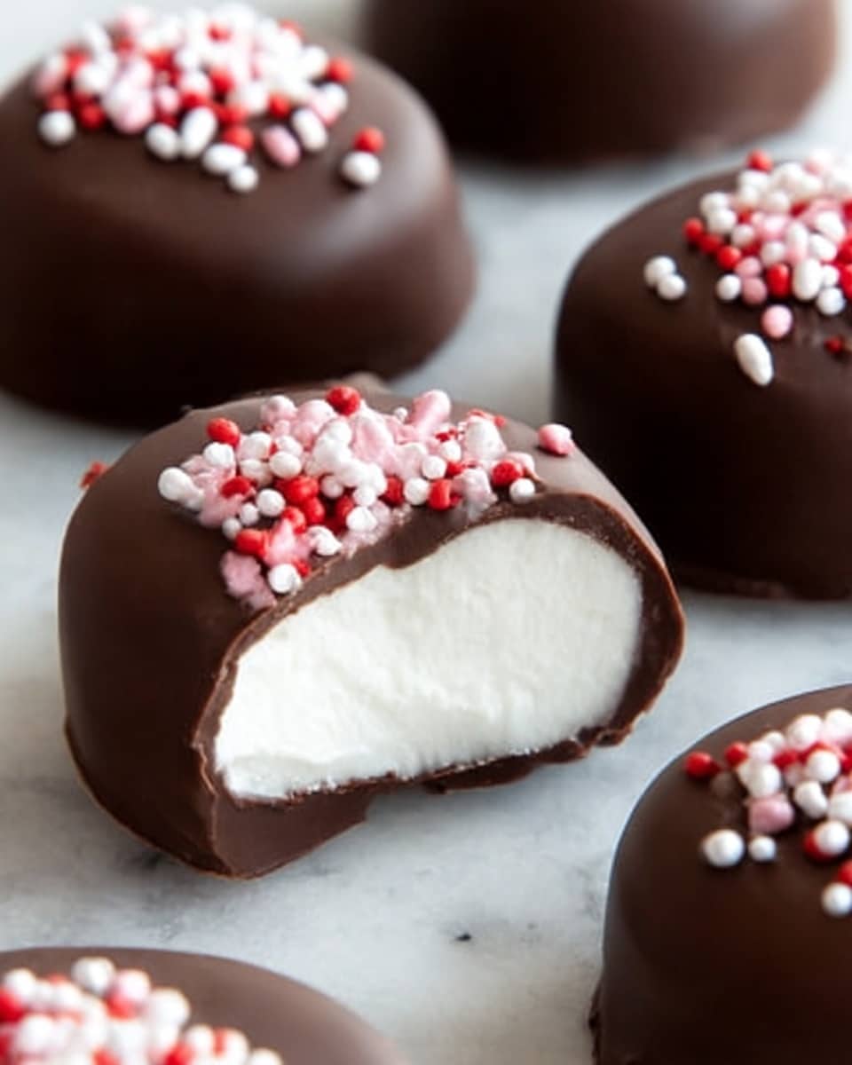 The image shows a close-up of round chocolate-coated treats with a smooth, shiny dark brown outer layer. One treat is cut in half, revealing a thick, creamy white filling inside that contrasts with the dark chocolate shell. Each piece is topped with small red, white, and pink sprinkles, adding a touch of color and texture. The treats rest on a white marbled surface, giving a clean and bright background. photo taken with an iphone --ar 4:5 --v 7