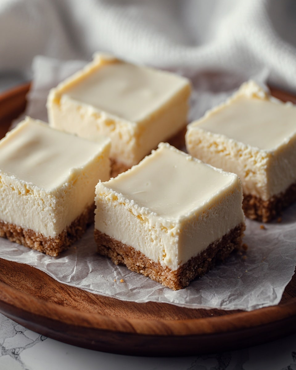 Four square pieces of a dessert are placed on a piece of white parchment paper in a round wooden tray. Each piece has three visible layers: the bottom layer is a crumbly, light brown crust, the middle layer is a smooth, thick cream colored filling, and the top layer is a slightly crumbly pale cream with a glossy, light ivory surface. The edges of each piece are slightly rough, showing the texture of the filling and crust. The background is a white marbled texture with a soft cloth partially visible. Photo taken with an iphone --ar 4:5 --v 7