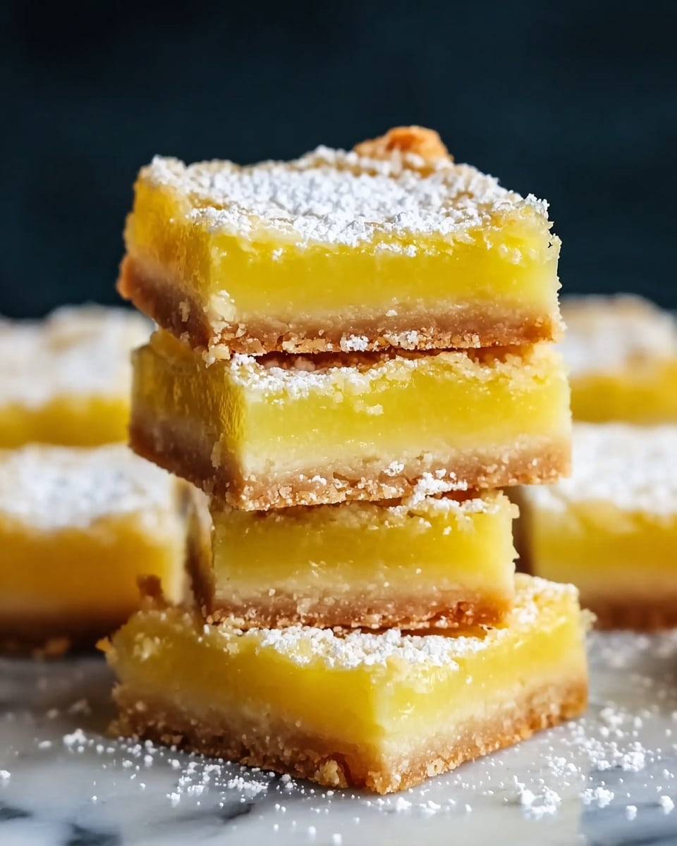 The image shows a stack of lemon bars with three visible layers. The bottom layer is a light brown, crumbly crust. The middle layer is thick and vibrant yellow, smooth and glossy, representing the lemon filling. The top layer is a thin dusting of white powdered sugar that covers the bars evenly. The lemon bars are placed on a white plate which has a scalloped edge, and the background is a soft white marbled texture, giving a clean and fresh look. Photo taken with an iphone --ar 4:5 --v 7