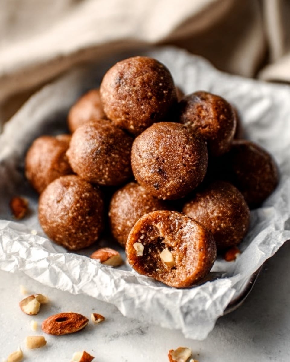 A small pile of round, brown energy balls with a slightly rough texture sits on crumpled white parchment paper inside a white tray. One ball in front is bitten to show a soft and chewy inside with small nut pieces visible. There are some small chopped nuts scattered around the tray, adding texture contrast. The scene is on a white marbled surface with soft natural light creating gentle shadows, highlighting the different textures of the balls and nuts. photo taken with an iphone --ar 4:5 --v 7