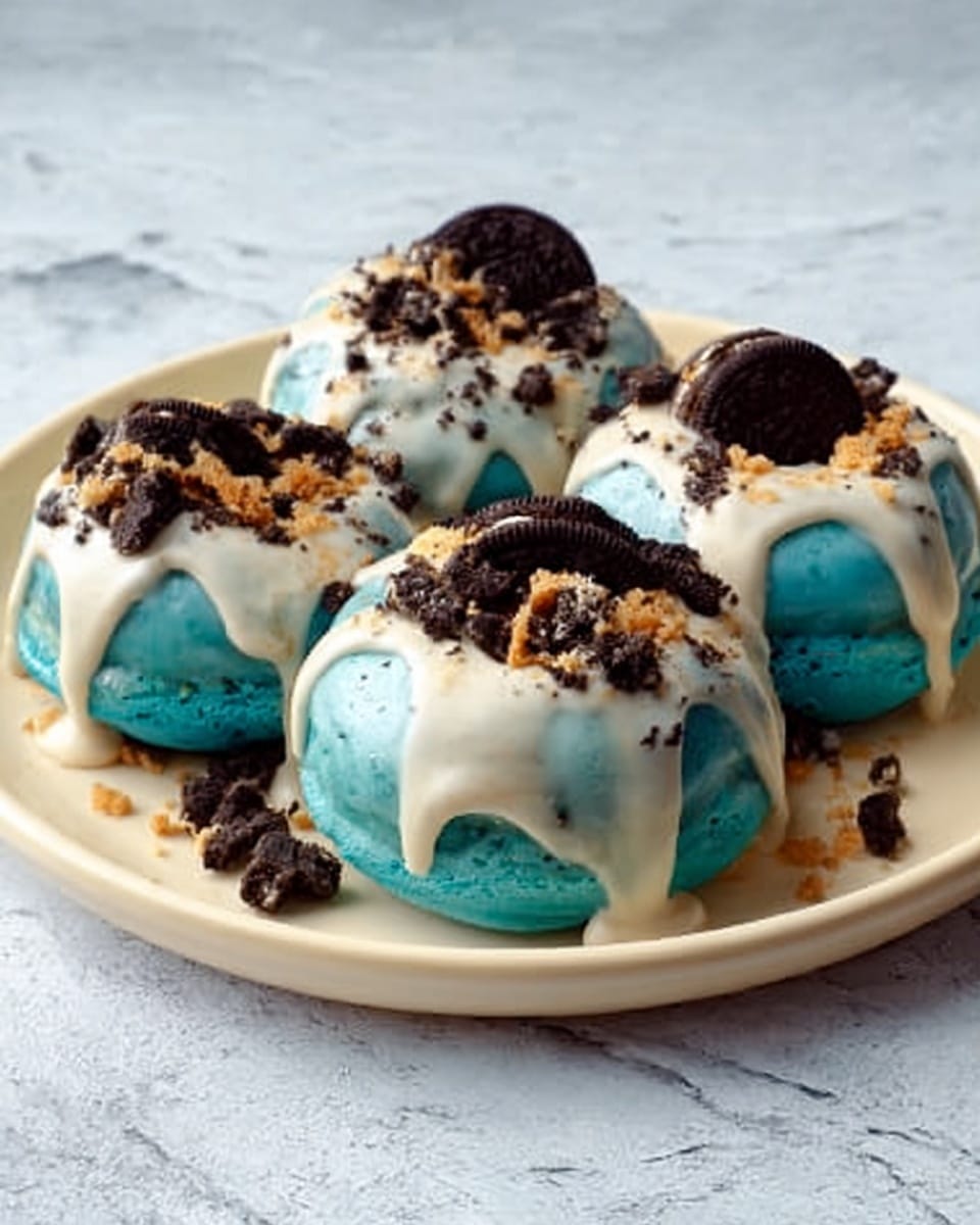 The image shows a plate with five blue donuts arranged closely on a white marbled surface. Each donut has a smooth blue glaze and is topped with a thick layer of white cream that drips down the sides. On top of the cream layer, there are pieces of crushed chocolate cookies and small cookie chunks scattered, adding a crunchy texture. The donuts sit on a white round plate that is plain and simple, keeping all focus on the colorful donuts. Photo taken with an iphone --ar 4:5 --v 7