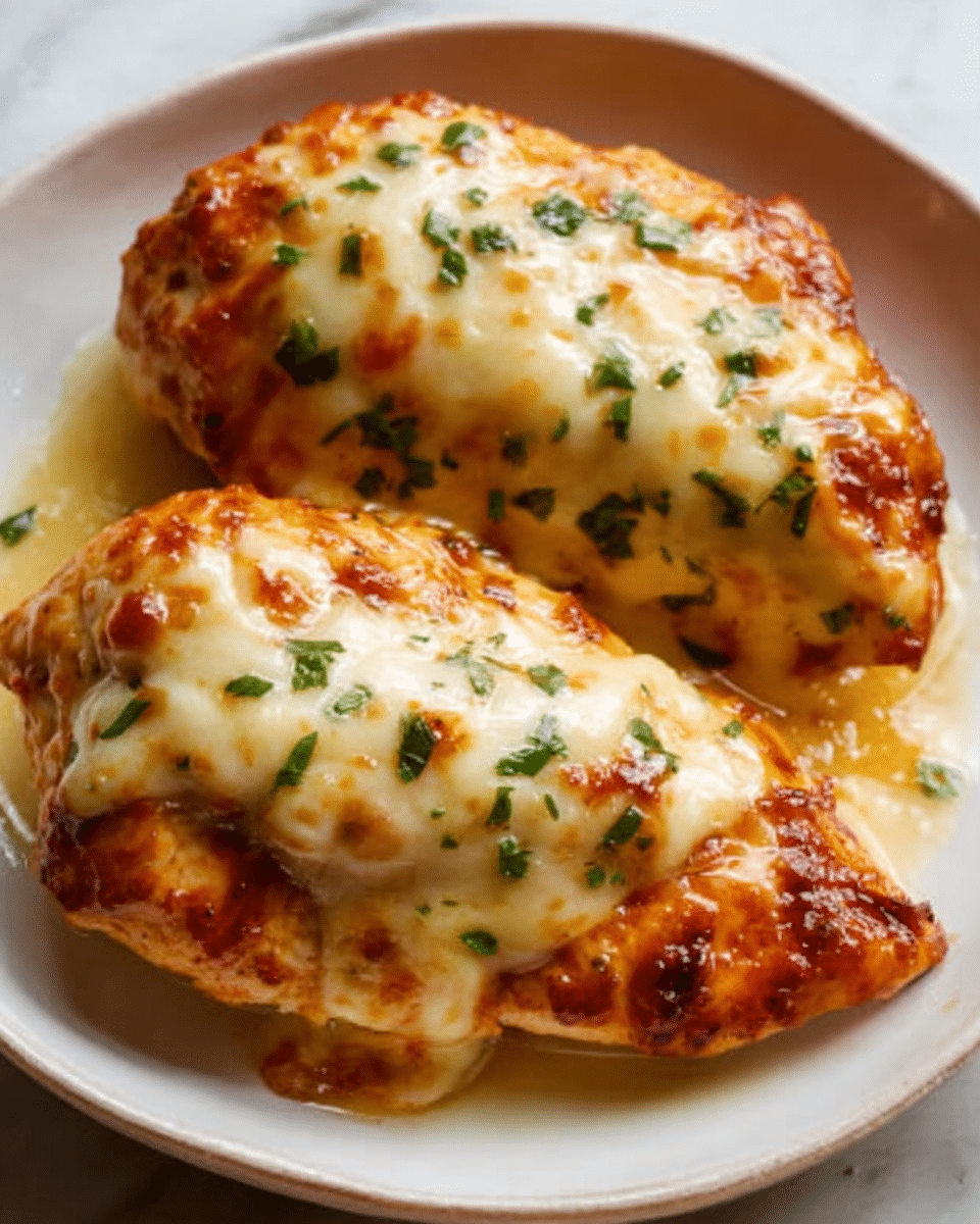 The image shows two chicken breasts covered with melted, slightly browned cheese on top. The chicken looks juicy with a reddish-brown baked color underneath the cheese layer. There are small green herb pieces sprinkled over the cheese, adding a touch of color. The chicken is served on a white plate set on a white marbled surface. The photo taken with an iphone --ar 4:5 --v 7