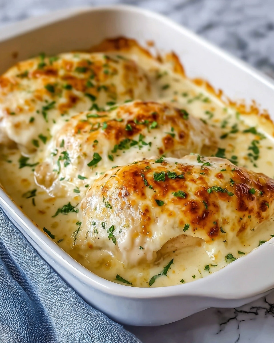 The image shows three large chicken breasts in a white baking dish, each covered with a thick layer of creamy, melted cheese that is golden brown in spots. The chicken pieces are partly submerged in a rich, creamy white sauce, and finely chopped green herbs are sprinkled over the top, adding a pop of color. The dish sits on a white marbled surface with a soft focus on a blue and white cloth nearby. The texture of the cheese is gooey and slightly bubbly, with the chicken underneath visible through the sauce in some areas. photo taken with an iphone --ar 4:5 --v 7