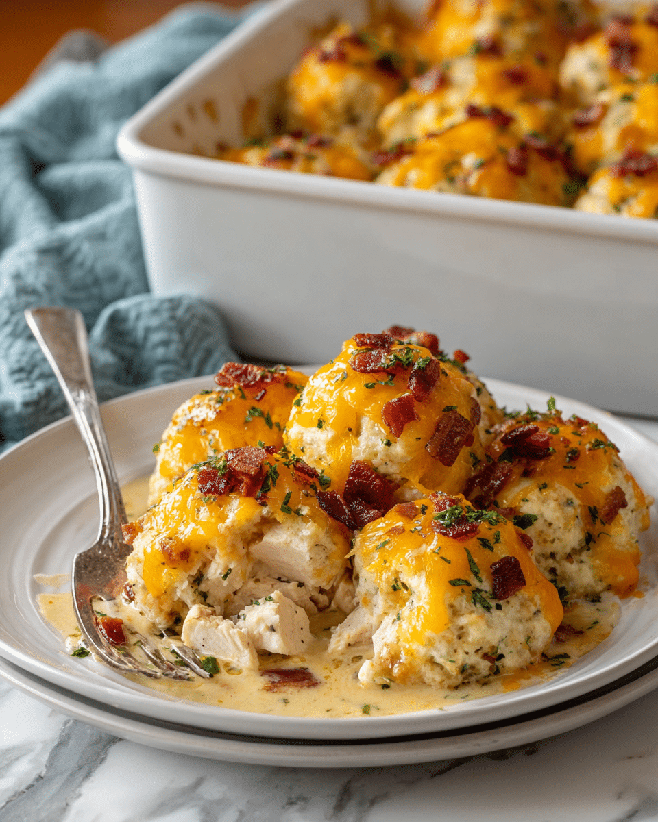A white plate holds five cheese biscuit balls, each topped with melted bright orange cheddar cheese and crispy dark reddish-brown bacon bits, sprinkled with finely chopped green herbs. The biscuit texture looks soft and slightly fluffy with a light golden crust on top. Chunks of white chicken are visible under the cheese, mixed with creamy sauce pooling lightly on the plate. A silver fork is placed on the left side of the plate, digging slightly into the biscuit. In the background, there is a white casserole dish filled with more of the biscuit balls topped with the same melted cheese and bacon, sitting on a white marbled surface with a soft blue cloth nearby. Photo taken with an iphone --ar 4:5 --v 7