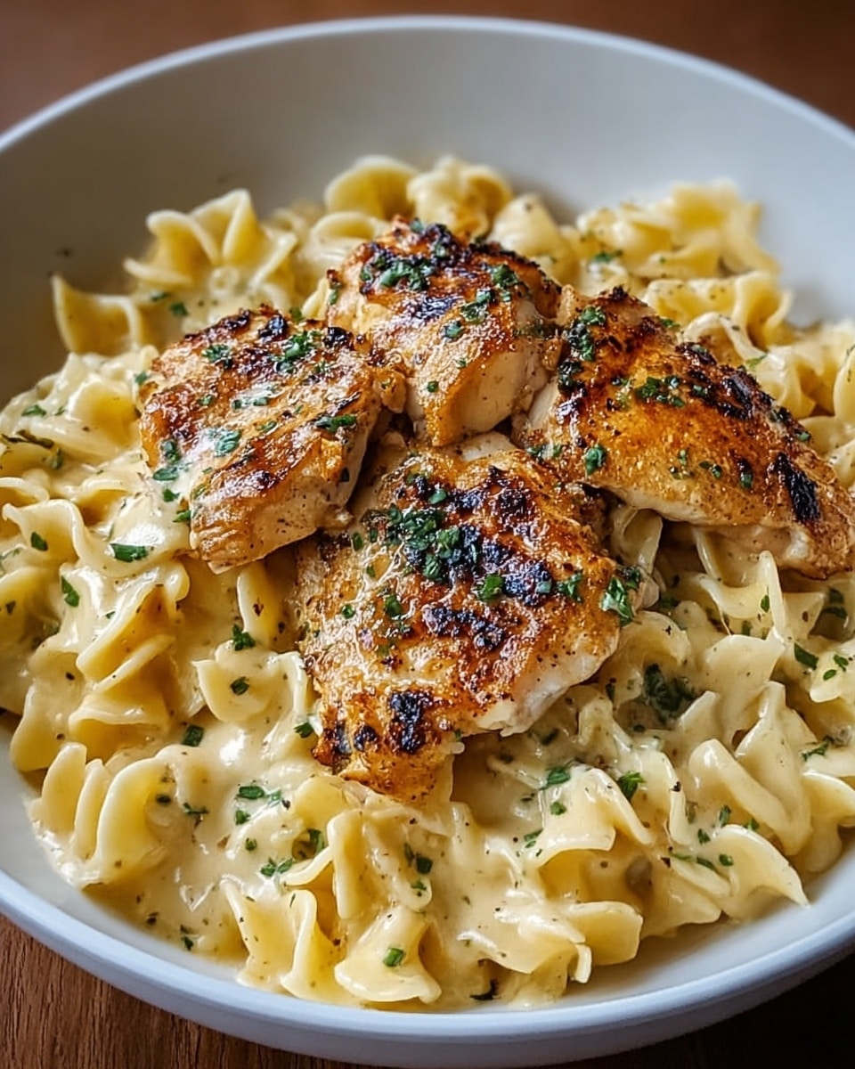 The dish shows a white bowl filled with creamy pasta at the bottom, with a rich yellow-beige sauce coating the wide, curly noodles, sprinkled lightly with green herbs. On top, three pieces of grilled chicken rest, each piece golden brown with visible grill marks and a slightly crispy texture. The chicken has a shiny glaze and is also sprinkled with chopped green herbs. The bowl is placed on a white marbled surface. photo taken with an iphone --ar 4:5 --v 7