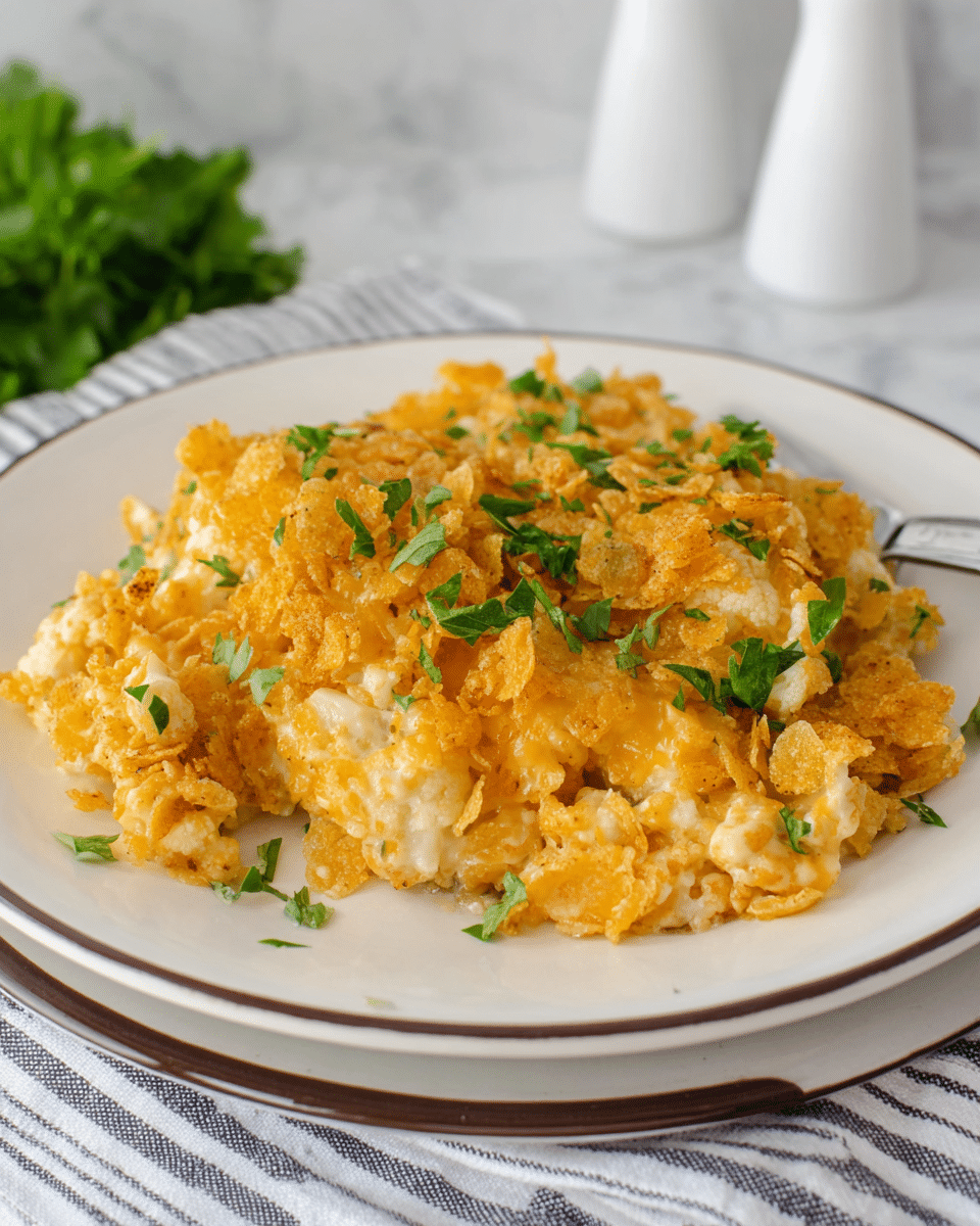 The dish is a single-layer serving of cheesy casserole with a rough texture, placed in the center of a white plate with a thick dark brown rim. The casserole has a golden crispy topping with orange and light brown bits, mixed with soft, creamy white sections underneath. Small green parsley leaves are scattered on top, adding fresh color. The plate sits on a white marbled textured surface with salt and pepper containers blurred in the background. photo taken with an iphone --ar 4:5 --v 7