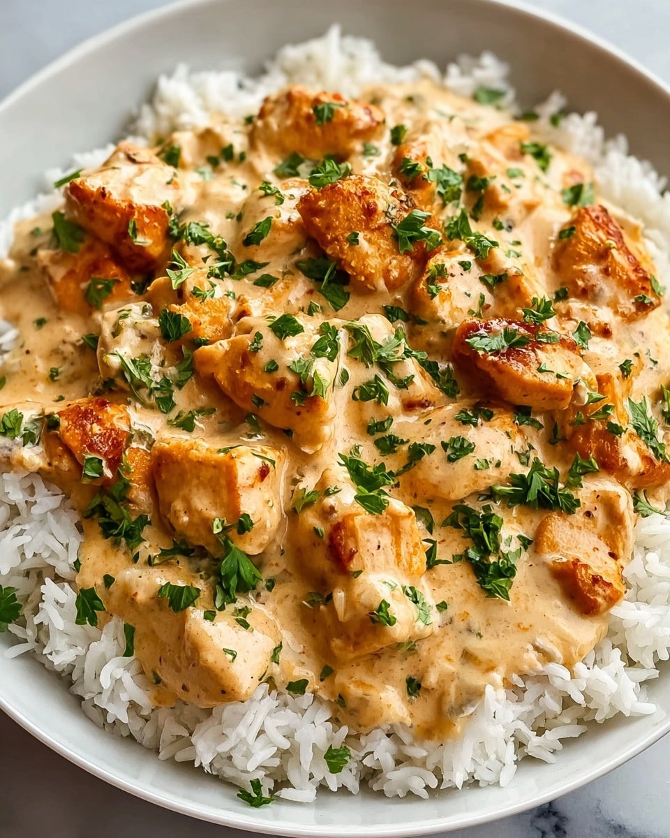 A close-up view of a white plate filled with one layer of fluffy white rice at the bottom, topped with a creamy beige-colored sauce that has chunks of golden-brown seared chicken scattered throughout. Small bright green parsley leaves are sprinkled on top for garnish, adding a fresh touch of color. The creamy sauce looks smooth and rich, lightly coating the chicken and some rice underneath. The photo shows the dish on a white marbled surface. photo taken with an iphone --ar 4:5 --v 7