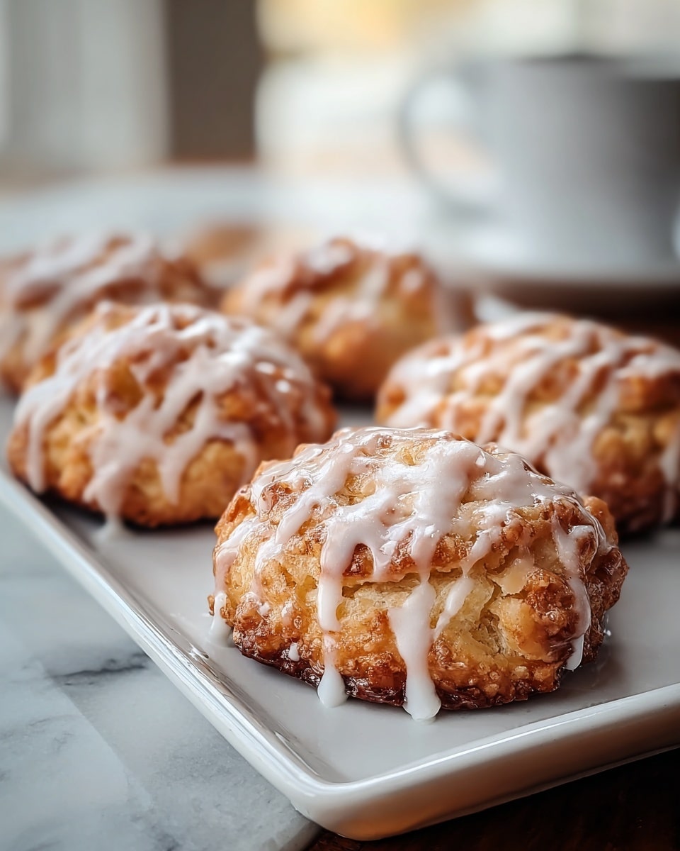 The image shows four small, round pastries with a golden-brown crust and a slightly rough texture, arranged in a row on a white rectangular tray. Each pastry is topped with thick, white icing that drips down the sides, adding a glossy contrast to the crust. The pastries have a layered look with uneven, crispy spots, giving them a homemade appearance. The tray is set on a white marbled surface, and the background is softly blurred, emphasizing the pastries in the front. photo taken with an iphone --ar 4:5 --v 7