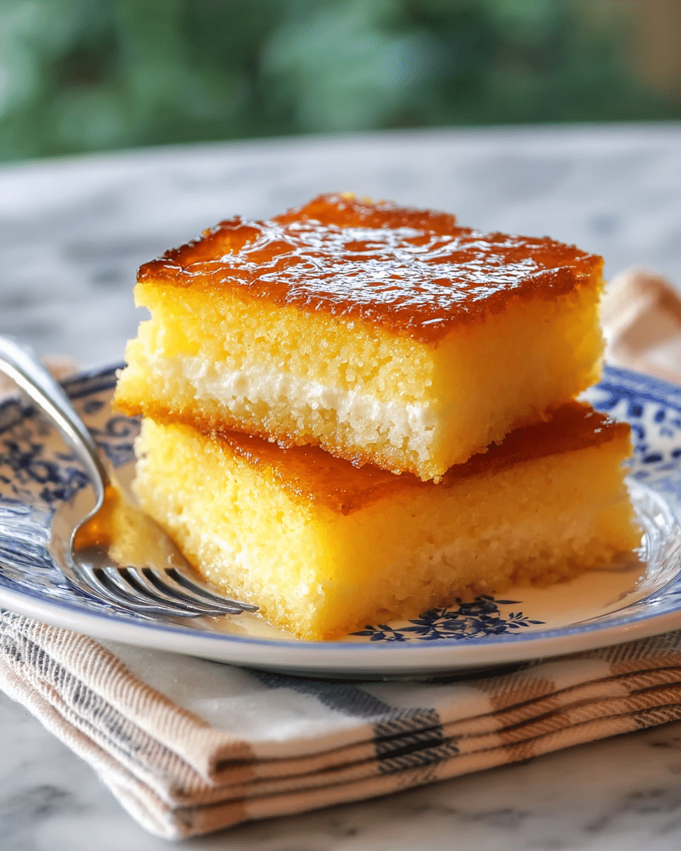 Two square pieces of a golden yellow cake are stacked on a white plate with blue floral designs; the cake has three visible layers: a glossy caramelized top layer with a slightly crispy brown edge, a thick middle layer of moist, soft, and light yellow cake texture, and a bottom slightly darker base layer. The plate rests on folded beige and blue striped cloth on a white marbled surface, with a silver fork placed nearby. A blurred green background adds depth to the image, photo taken with an iphone --ar 4:5 --v 7