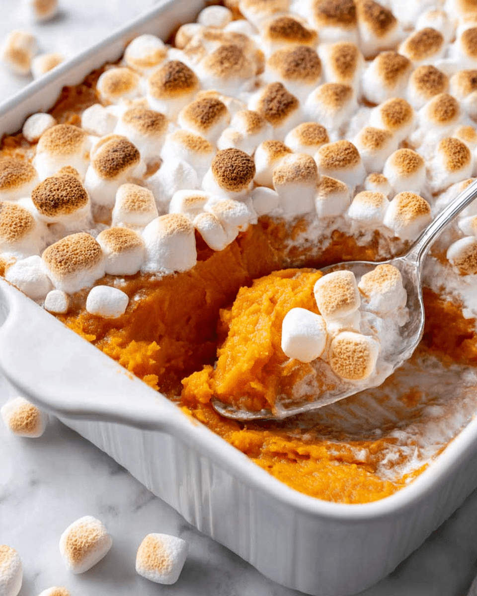 A white rectangular baking dish contains a sweet potato casserole with two visible layers. The bottom layer is bright orange, smooth, and creamy, showing soft mashed sweet potatoes. The top layer is covered with a thick, golden-brown toasted marshmallow crust, slightly browned in spots with many small marshmallows melted together. A spoon is scooping into the dish, revealing the thick orange layer underneath and some marshmallow topping on the spoon. The dish sits on a white marbled surface with some marshmallows scattered around. Photo taken with an iphone --ar 4:5 --v 7