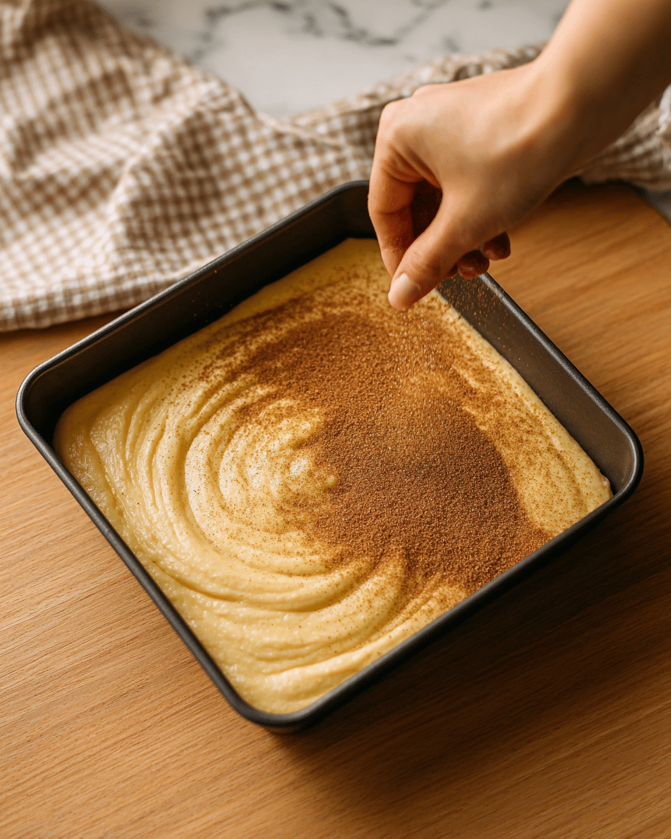 The image shows a loaf of cake with two slices cut from the front. The cake has several layers: the bottom layer is a light beige crumb with a soft, moist texture, the middle swirl layer is a darker brown with a crumbly look, and the top is covered with a light brown crumb topping that looks crisp and crunchy. The cake sits on a metal cooling rack with a white marbled surface underneath. The edges of the cake are slightly darker, showing a well-baked crust. Photo taken with an iphone --ar 4:5 --v 7