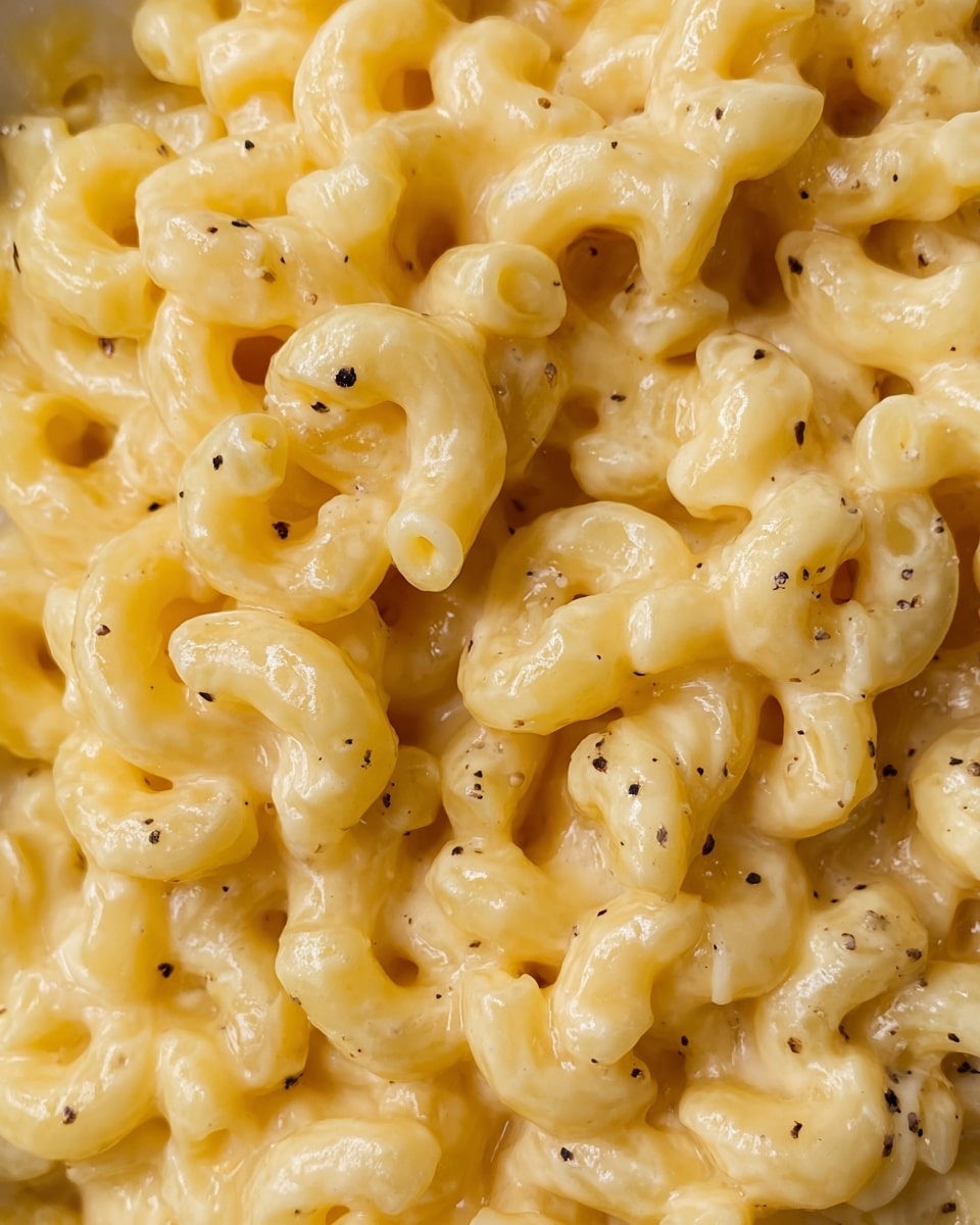 A close-up view of creamy macaroni and cheese showing a single layer of elbow pasta coated evenly in smooth, pale yellow cheese sauce with a glossy texture. The pasta curves and overlaps, each piece detailed with small black pepper specks scattered on top, adding contrast. The image focuses tightly on the pasta cluster with no dish edge visible, creating an inviting and rich look. The background is a white marbled texture. Photo taken with an iphone --ar 4:5 --v 7