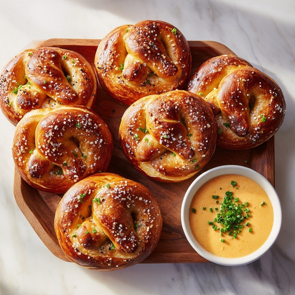 A wooden cutting board holds seven golden brown soft pretzels twisted into the classic knot shape, each with a smooth, shiny surface sprinkled generously with coarse sea salt and black sesame seeds, their texture showing slight crispness from baking. Beside the pretzels is a small white bowl filled with creamy orange cheese dip, topped with finely chopped green chives, contrasting with the pretzels' warm tones. The board rests on a white marbled surface, adding a clean, bright background to the warm, inviting snack display. photo taken with an iphone --ar 4:5 --v 7