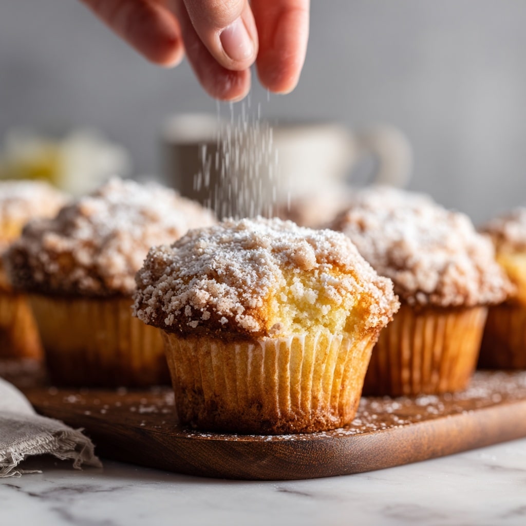 The image shows several muffins with a crumbly topping, placed on a wooden board over a white marbled surface. The muffins are golden brown, with a light dusting of powdered sugar falling softly onto the muffin in the foreground, which has its paper liner partially peeled away, revealing its fluffy inside. The texture of the muffin top looks crumbly and slightly rough, while the inside appears soft and moist. In the background, there are more muffins slightly out of focus, and a woman's hand is gently reaching toward one. Photo taken with an iphone --ar 4:5 --v 7