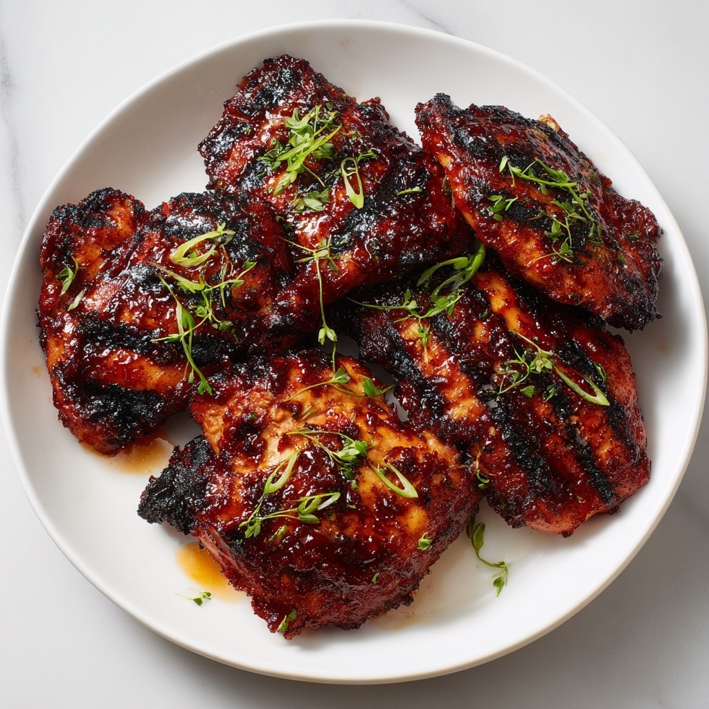 A white plate holds five large pieces of grilled chicken covered in a dark, glossy barbecue sauce with a slightly sticky texture, each piece showing charred marks and a rich reddish-brown color. Small green herb bits are sprinkled on top, adding a fresh contrast. The chicken pieces are piled closely together, appearing juicy and tender. The plate is set on a white marbled surface. Photo taken with an iphone --ar 4:5 --v 7