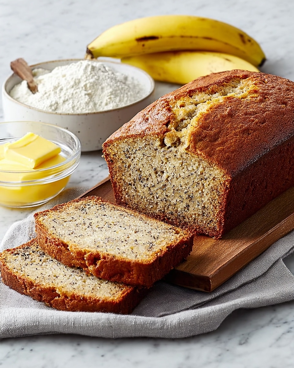 A loaf of banana bread with a golden-brown crust sits on a wooden board placed over a light gray cloth on a white marbled surface. The bread is sliced to show two pieces in front, revealing a soft, moist interior speckled with small dark bits of banana and grain. To the left is a small clear glass bowl with thick yellow butter, and behind the bread, there is a white bowl filled with white flour and two ripe yellow bananas with brown spots, all on the white marbled surface. photo taken with an iphone --ar 4:5 --v 7