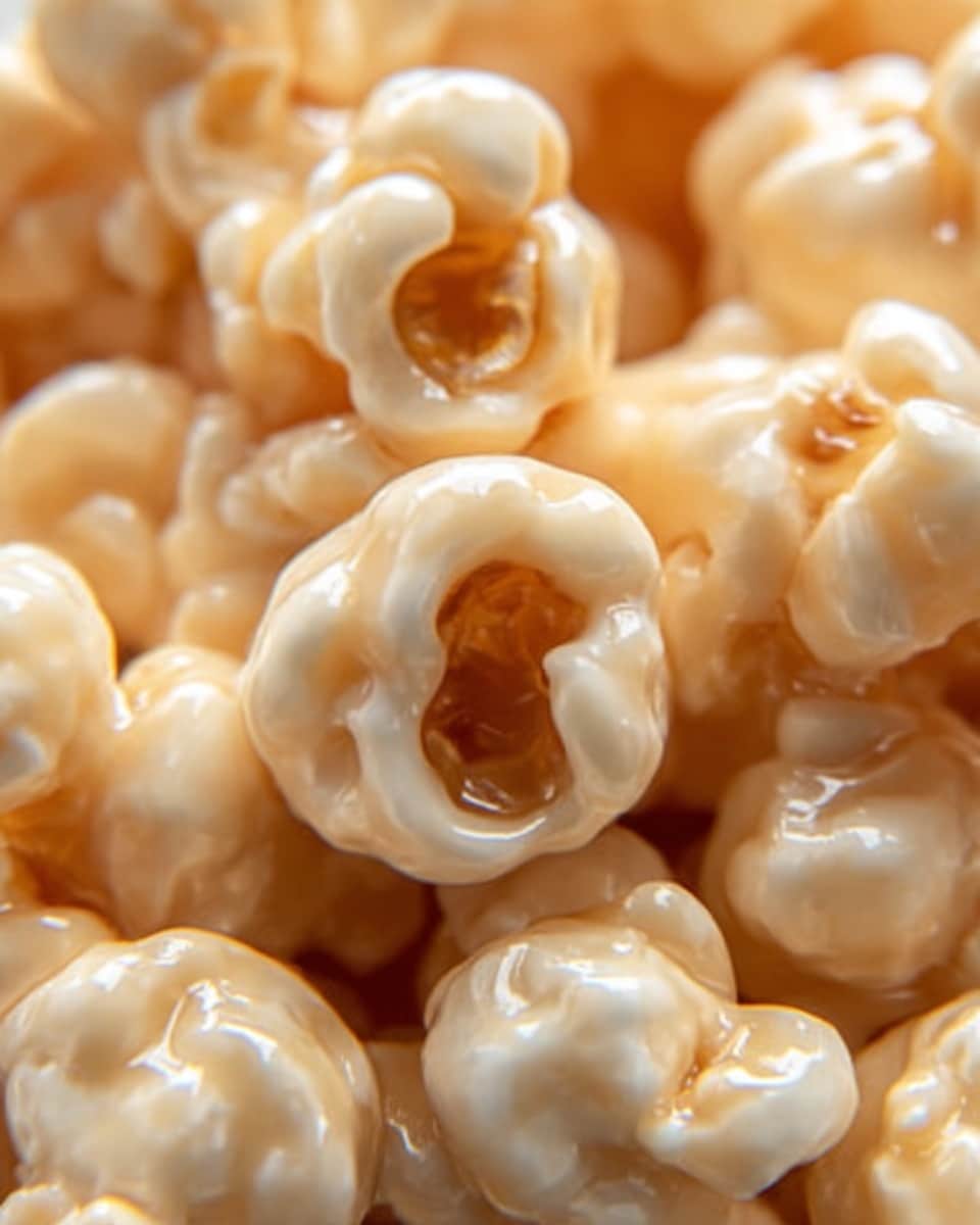 A close-up image of creamy white caramel popcorn, showing individual popcorn pieces coated in glossy, smooth caramel layer. The caramel layer is thick and shiny, covering each popcorn piece fully, with some small uneven textures where the caramel is pooled or dripped. The popcorn surfaces underneath have a light beige color barely visible through the caramel coating. The background is a white marbled texture, softly blurred to keep focus on the popcorn's creamy caramel shine. Photo taken with an iphone --ar 4:5 --v 7