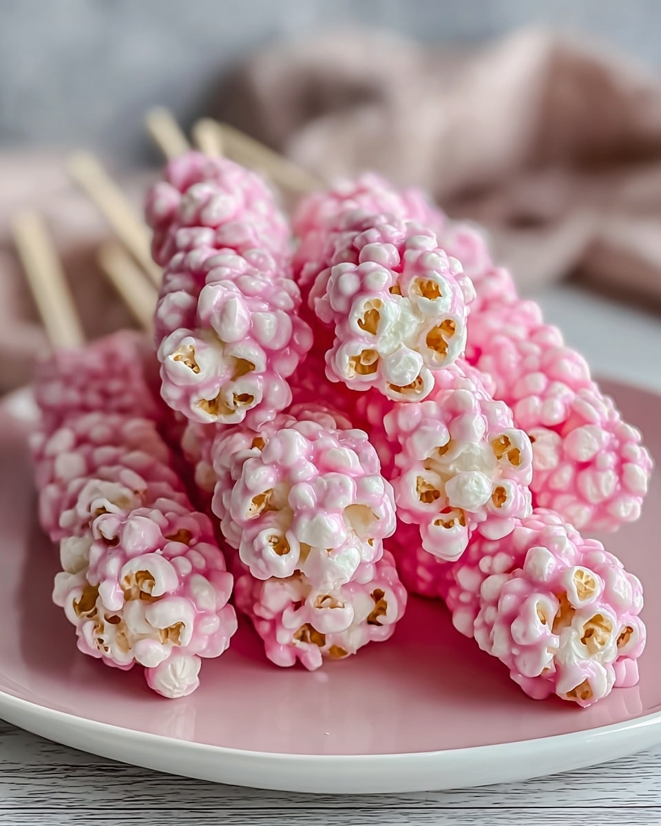 The image shows a close-up of several sticks of popcorn coated in a shiny light pink candy layer, arranged closely on a white plate. Each stick has one cluster of popcorn with the pink coating covering most of the white popcorn kernels, creating a textured surface with some patches of white showing through. The light pink plate contrasts softly against the white popcorn, and the wooden sticks extend from the coated popcorn clusters outward. The scene sits on a white marbled surface, with a soft focus background giving a warm homemade feel. photo taken with an iphone --ar 4:5 --v 7