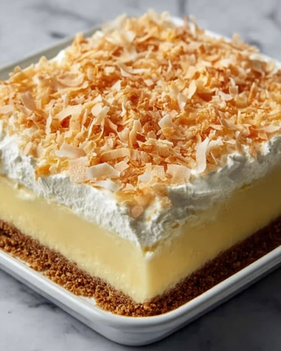The image shows a dessert with three clear layers in a rectangular white dish. The bottom layer is a crumbly brown crust, the middle layer is a smooth, thick pale yellow filling, and the top layer is a fluffy white whipped cream covered with toasted light brown coconut flakes. The textures contrast between the crumbly base, creamy middle, and airy topping. The dish sits on a white marbled surface. Photo taken with an iphone --ar 4:5 --v 7