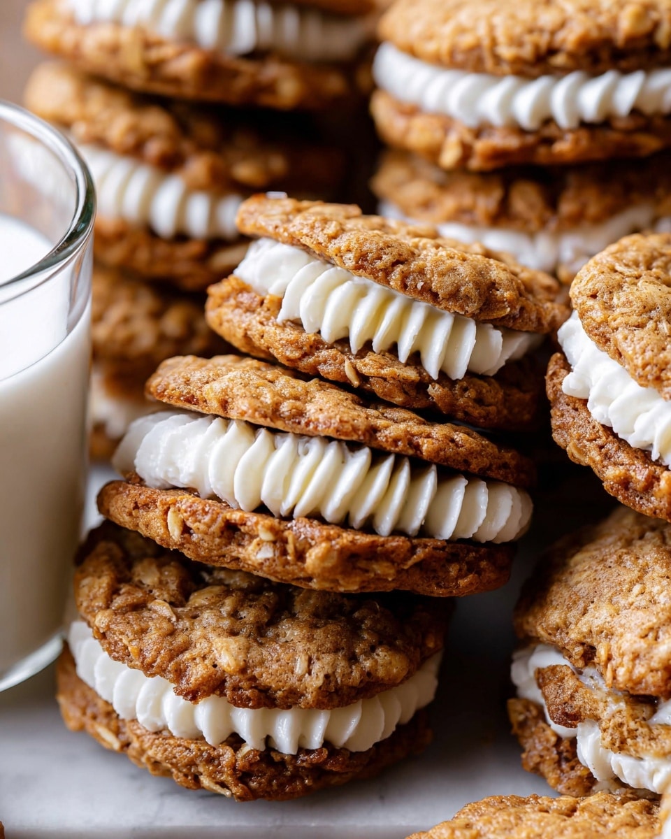 The image shows several sandwich cookies stacked close together, each made of two rough-textured, light brown oatmeal cookies with a soft, white creamy layer in the middle. The cookie surfaces have small visible oats and slightly darker edges, showing a baked golden color. The white cream filling between the two cookie layers is thick and swirled, peeking out unevenly from the sides. To the left, part of a clear glass filled with white milk is visible, all set on a white marbled textured surface. photo taken with an iphone --ar 4:5 --v 7